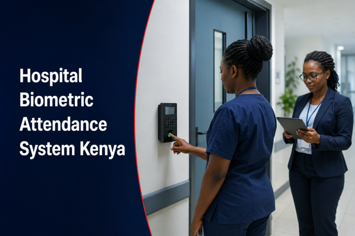 Hospital Biometric Attendance System Kenya flyer showing staff clock-in and HR shift review