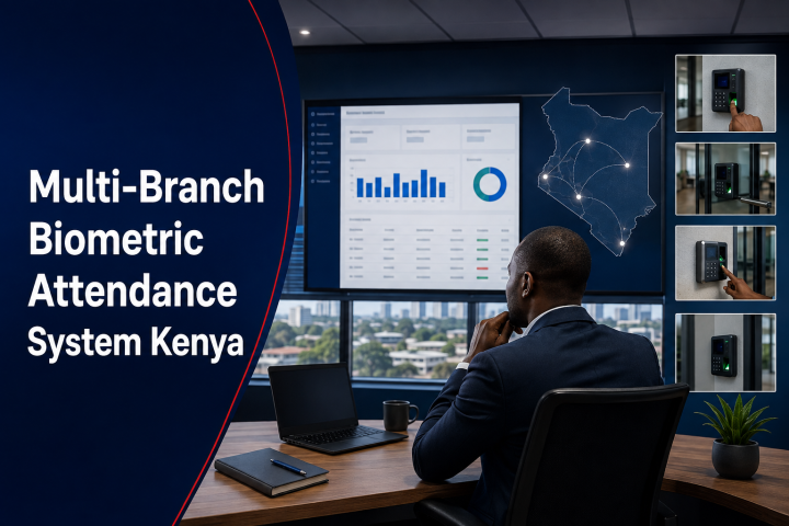 Multi-Branch Biometric Attendance System Kenya flyer showing centralized reporting across several locations
