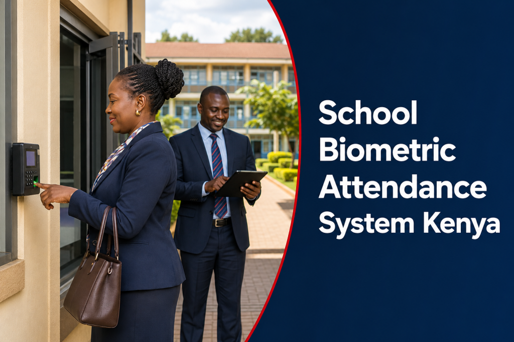 School Biometric Attendance System Kenya flyer showing teachers clocking in at an administration entrance