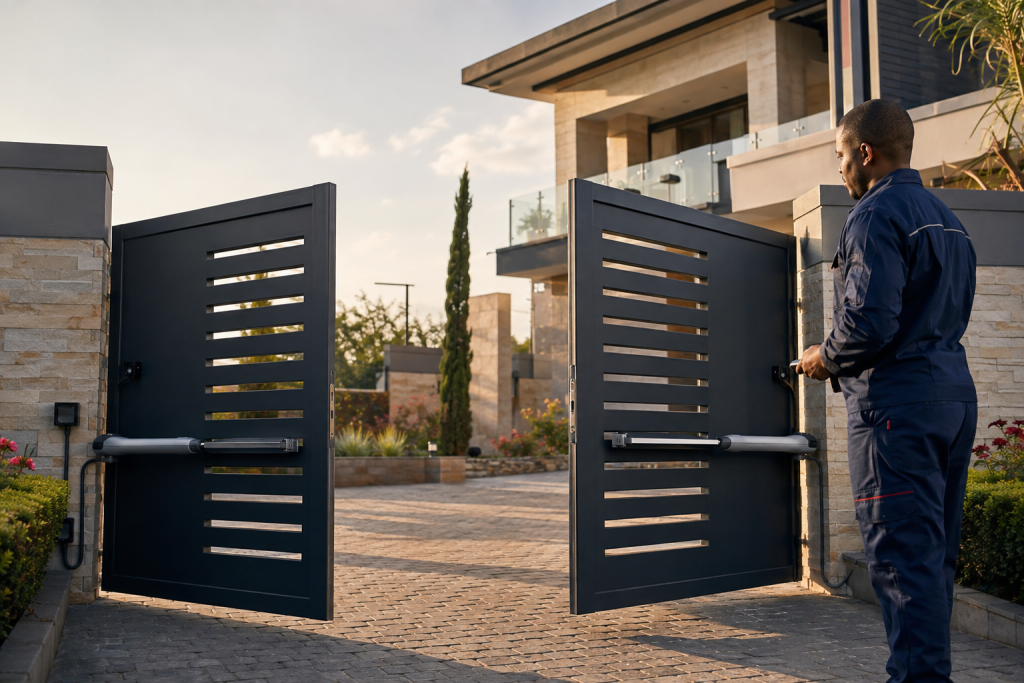 Automated double swing gate with actuators at a modern Kenyan home