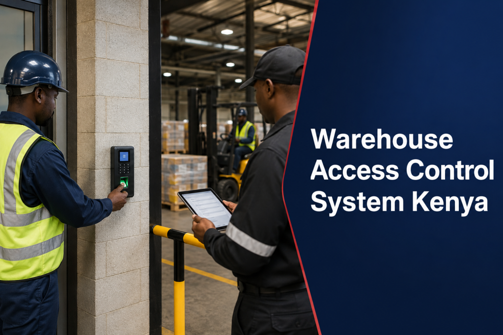 Warehouse Access Control System Kenya flyer showing controlled staff entry beside an active loading area